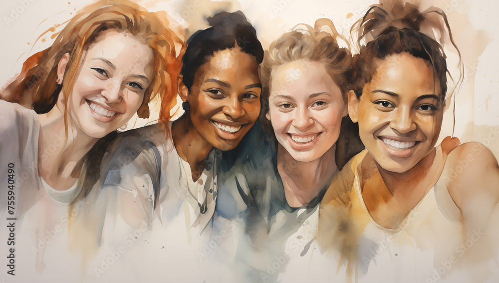Harmony in Diversity: Watercolor Portrait of Four Happy Women of Different Races Together. Colorful and Joyful Artwork Celebrating Friendship, Diversity, and Inclusivity. Perfect for Promoting Unity
