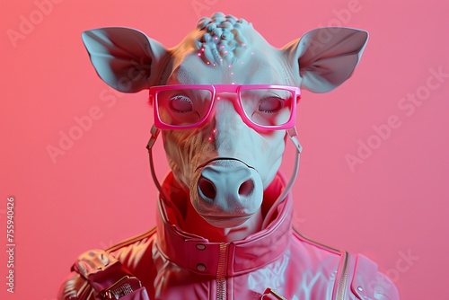 An eccentric pig is confidently sporting pink glasses and a trendy leather jacket.