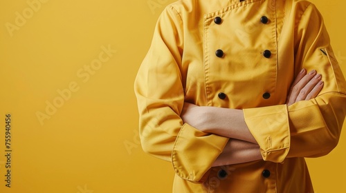 Confident man in yellow chef coat stands with crossed arms