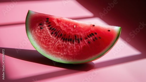 a slice of watermelon sitting on top of a pink surface with the shadow of a window behind it. photo