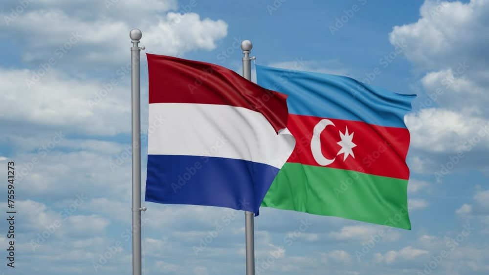 Azerbaijan and Netherlands two flags waving together, looped video, two country cooperation concept Azerbaijan and Netherlands two flags waving together, looped video, two country cooperation concept