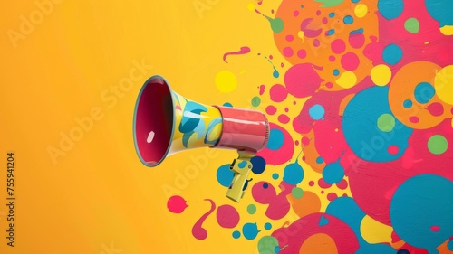 Megaphone with colorful dots on yellow - Bright, bold megaphone surrounded by multicolored dots on a yellow background, symbolizing loud announcement