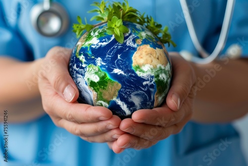 Nurse holding a globe with a green plant - An image depicting a nurse in blue scrubs lovingly cradling a small globe topped with a green plant, symbolizing healthcare's role in global well-being photo