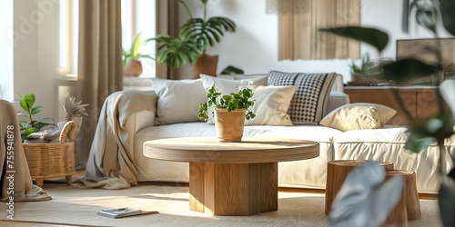 A comfortable and stylish modern Scandinavian living room featuring a round wooden coffee table, a luxurious white sofa, potted plants, and soft, textured throw pillows.