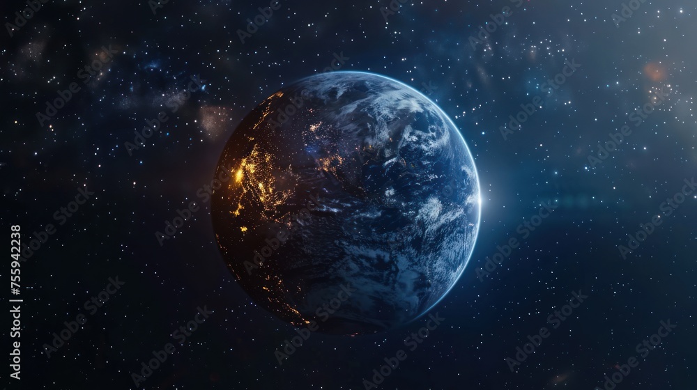 3d illustration of planet earth from the space at starry night scene. AI generated image