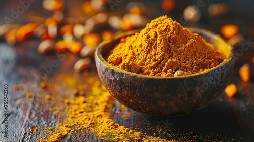 Composition with bowl of turmeric powder on woode photo