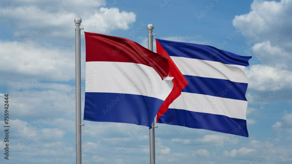 Cuba and Netherlands two flags waving together, looped video, two country cooperation concept Cuba and Netherlands two flags waving together, looped video, two country cooperation concept