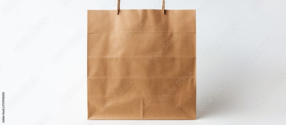 A rectangular brown paper bag with handles, reminiscent of wood texture. The simple yet artistic pattern stands out against the white background A rectangular brown paper bag with handles, reminiscent of wood texture. The simple yet artistic pattern stands out against the white background