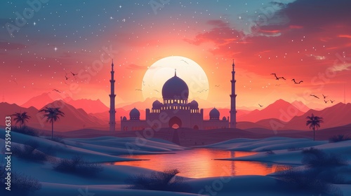 Islamic Mosque and lantern for Eid celebration banner poster design © Sanuar_husen