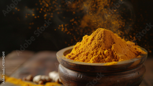 Composition with bowl of turmeric powder on woode