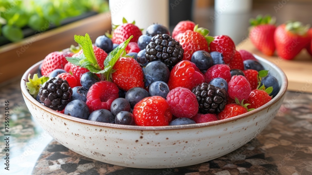 a bowl of berries, raspberries, blueberries, and strawberries with a glass of milk in the background. a bowl of berries, raspberries, blueberries, and strawberries with a glass of milk in the background.