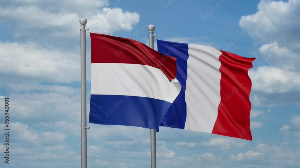 France and Netherlands flags waving together, looped video, two country relations concept France and Netherlands flags waving together, looped video, two country relations concept