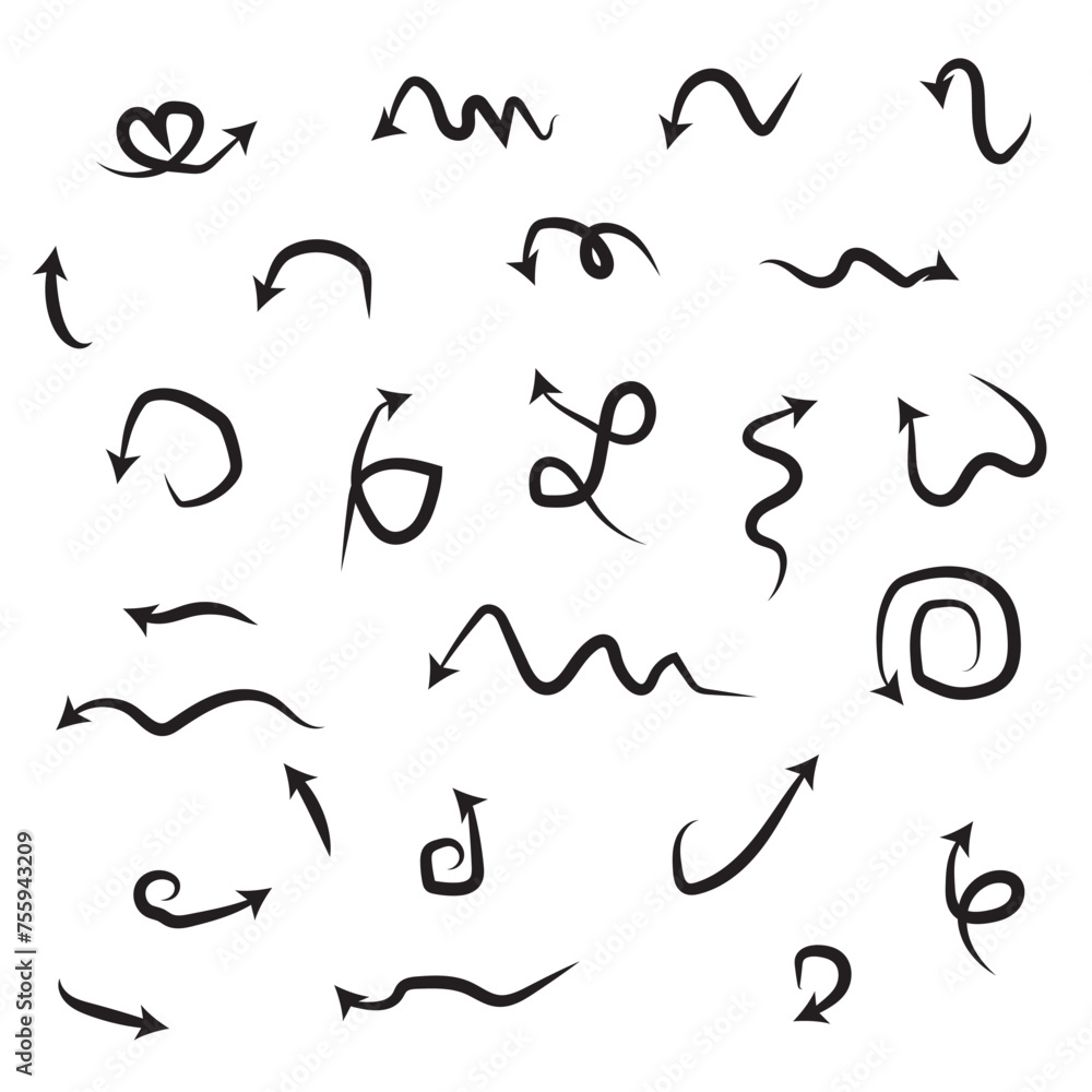 Black Hand Drawn Arrows Set on White Background. Arrow, Cursor Icon. Vector Pointers Collection Black Hand Drawn Arrows Set on White Background. Arrow, Cursor Icon. Vector Pointers Collection