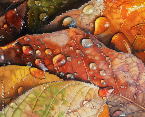 This is a close-up photo of overlapping autumn leaves with droplets of water on them, showcasing rich colors and intricate vein patterns