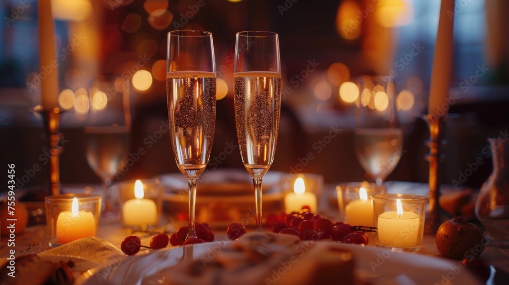 Two glasses of champagne on a table, perfect for celebrations.