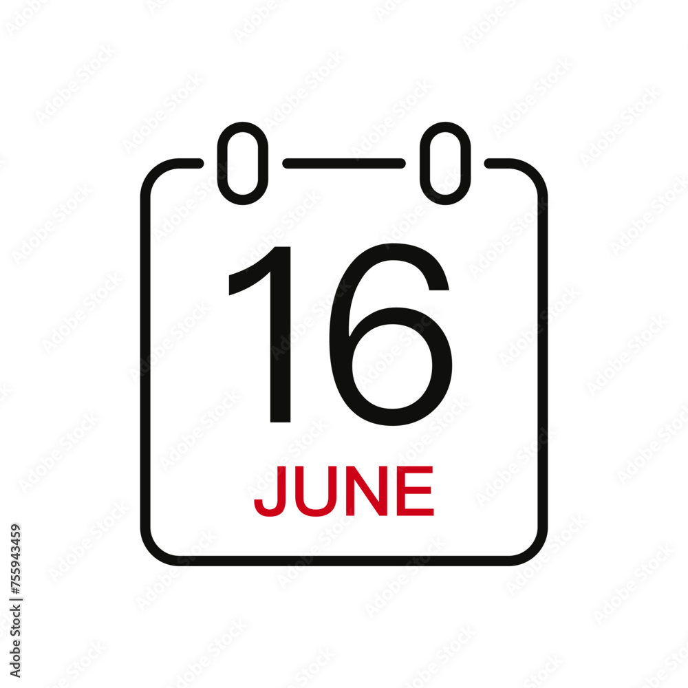 June 16 date on the calendar, vector line stroke icon for user interface. Calendar with date, vector illustration. June 16 date on the calendar, vector line stroke icon for user interface. Calendar with date, vector illustration.