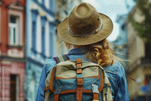 A woman walking down a street with a hat and backpack. Suitable for travel and lifestyle concepts.