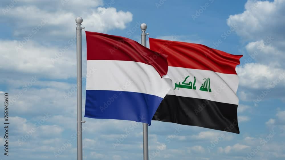 Iraq and Netherlands two flags waving together on blue sky, looped video Iraq and Netherlands two flags waving together on blue sky, looped video