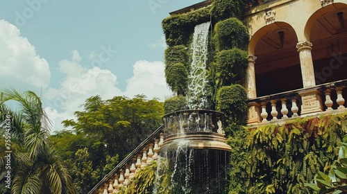 a very tall building with a waterfall coming out of it's center surrounded by greenery and palm trees. photo