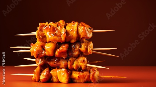 A stack of various skewered foods balanced on top of each other