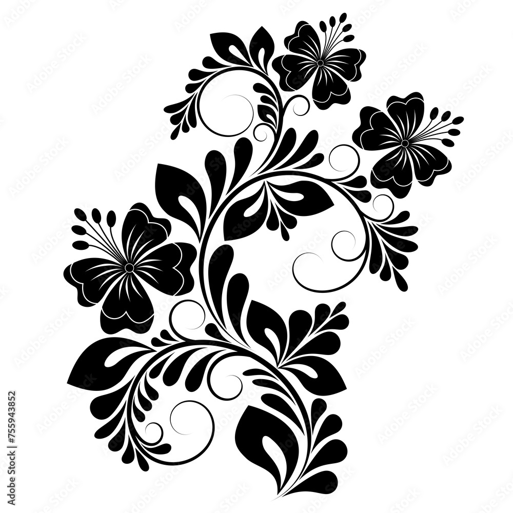 Black and white vintage pattern with flowers, swirls and leaves on a white background. Decorative floral silhouette.