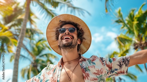 A happy man revels in the moment during his vacation getaway, his face radiant with joy and relaxation, embracing the serenity and joy of the experience