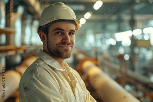 A man wearing a hard hat standing in a factory. Suitable for industrial concepts.