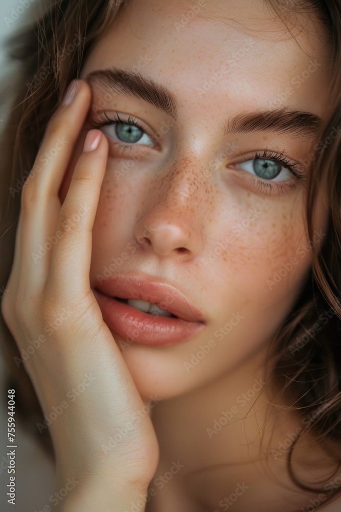 Close-up of a woman with freckles. Perfect for beauty or skincare concepts. Close-up of a woman with freckles. Perfect for beauty or skincare concepts.