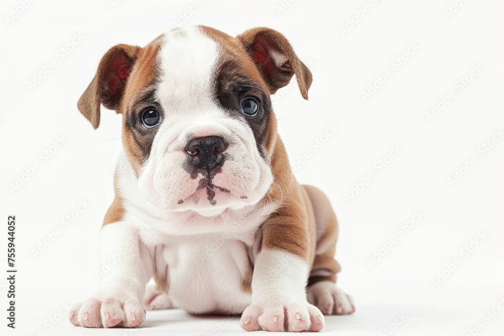 Adorable puppy sitting on a white background. Perfect for pet-related designs.