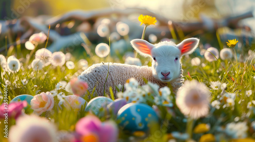 An adorable lamb lies amongst a vibrant field of spring flowers and colorful Easter eggs, symbolizing renewal and festivity.
