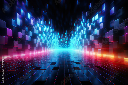 Neon cubic corridor, ultraviolet virtual reality portal. Abstract image. Generated by artificial intelligence
