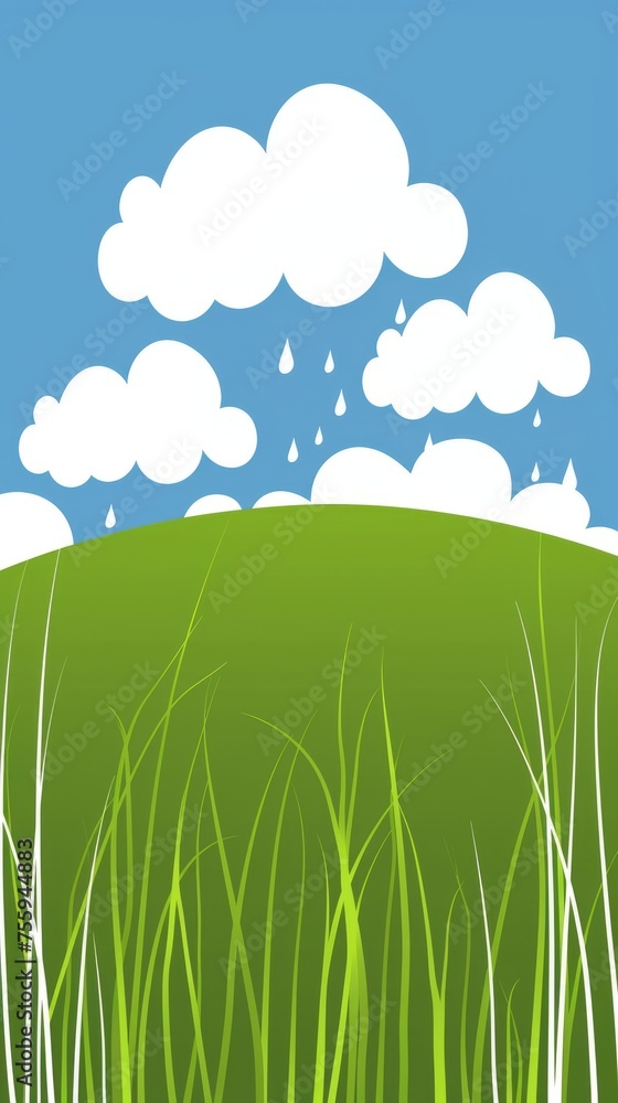 Obraz premium cute illustration with green hill, white clouds and rain