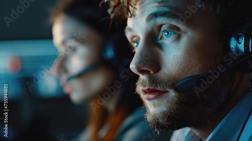 A man and a woman wearing headsets, suitable for business concepts.