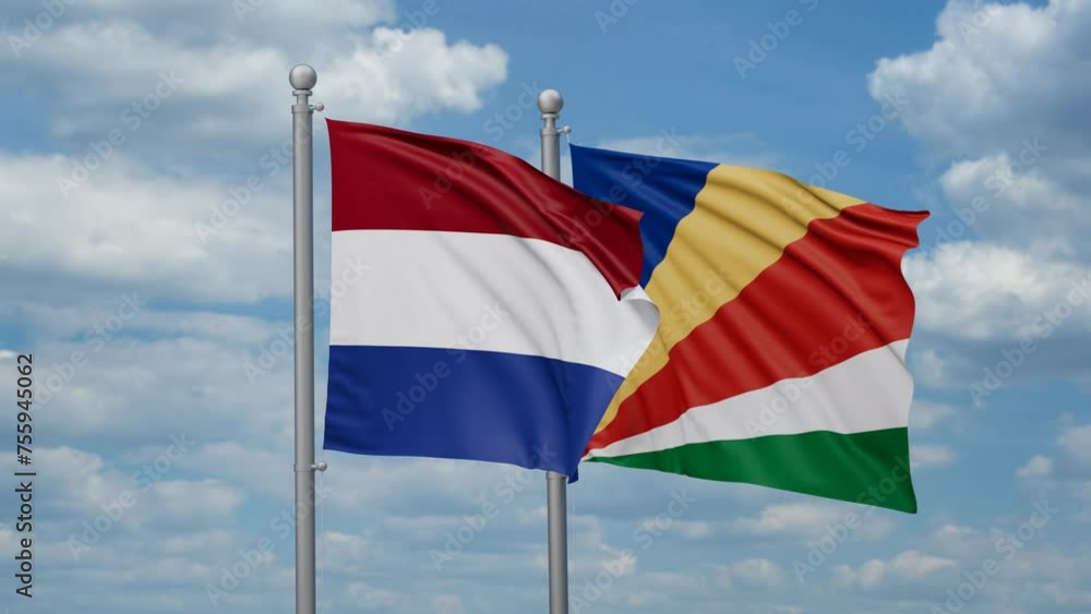 Seychelles and Netherlands two flags waving together, looped video, two country cooperation concept Seychelles and Netherlands two flags waving together, looped video, two country cooperation concept