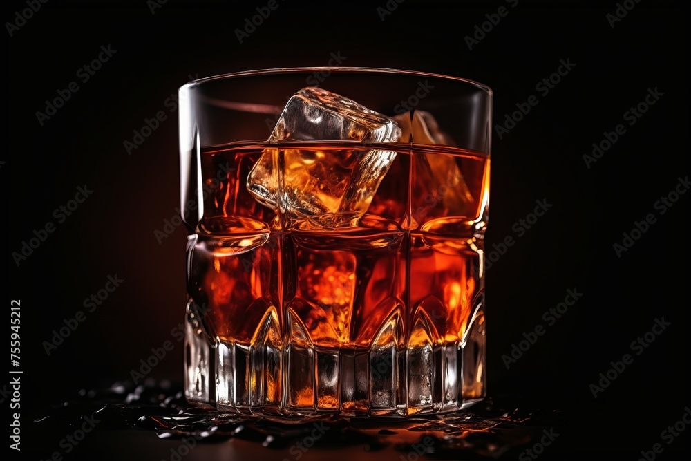 Whiskey on the Rocks. Premium Scotch in Elegant Glass with Ice Cubes for Refined Palates