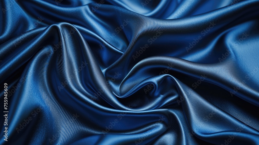 Obraz premium A close-up view of a vibrant blue satin fabric, showcasing its luxurious sheen and deep blue color, filling the entire screen with a sense of elegance and depth