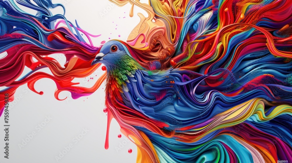 a painting of a colorful bird with swirls of paint on it's body and wings, on a white background.