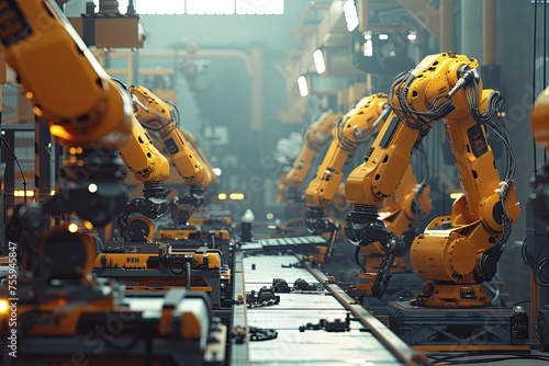Robotic arms working together in a factory assembly line