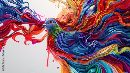 a painting of a colorful bird with swirls of paint on it's body and wings, on a white background. © Anna