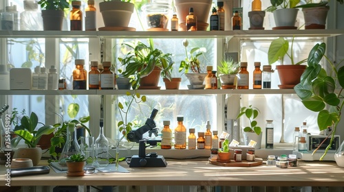 Bright and airy plant-filled biologist's lab with microscopes and specimens