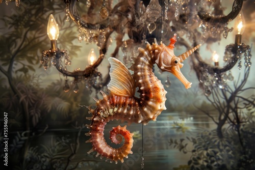 Seahorse swinging on a chandelier