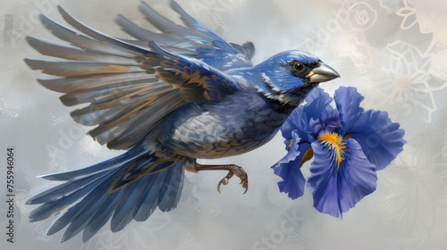 a painting of a blue bird with wings outstretched and a flower in it's beak in front of a gray background. © Anna