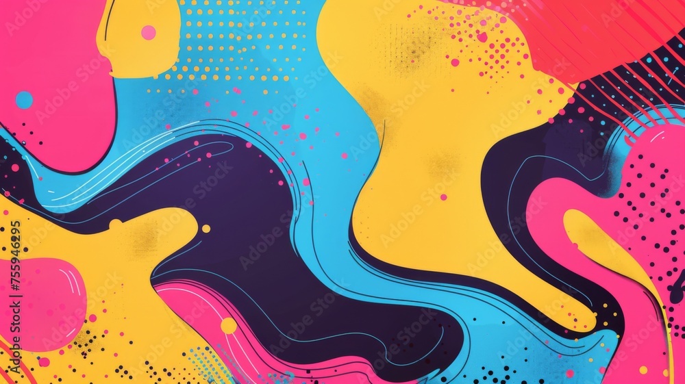 Flowing abstract shapes in pink and blue - An abstract piece with flowing shapes and lines in pink and blue hues dotted with yellow