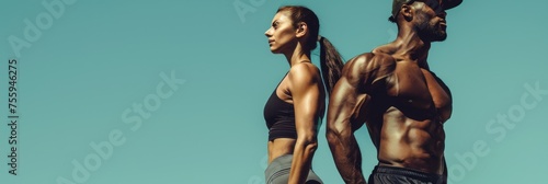 Fit couple posing confidently with blurred faces - An image of a fit male and female model posing with clear confidence and strength against a blue sky © Tida