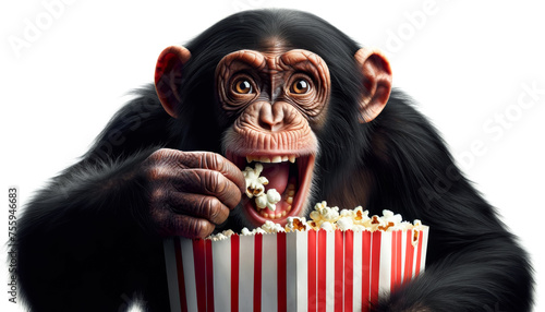 Playful monkey making faces, eating popping popcorn in his mouth with amazed face. funny chimpanzee with expectant face eating popcorn isolated on white background