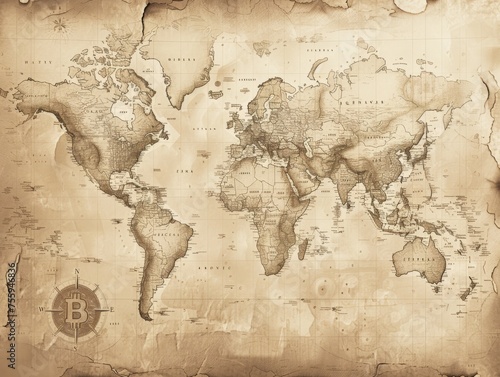 Old-world map with Bitcoin trade routes, sepia tones, blending exploration with digital currency photo