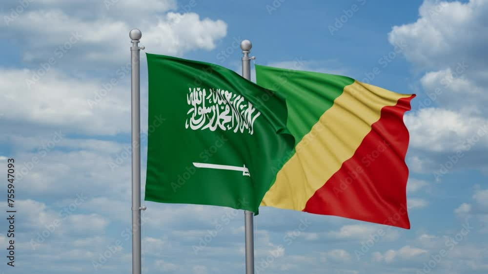 Republic of the Congo and Saudi Arabia two flags waving together, looped video, two country relations concept Republic of the Congo and Saudi Arabia two flags waving together, looped video, two country relations concept