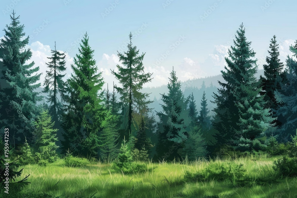 A peaceful painting of a pine trees forest. Suitable for nature-themed designs.