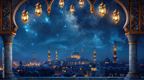 Islamic Mosque and lantern for Eid celebration banner poster design