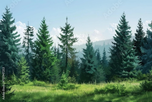 A peaceful painting of a pine trees forest. Suitable for nature-themed designs.